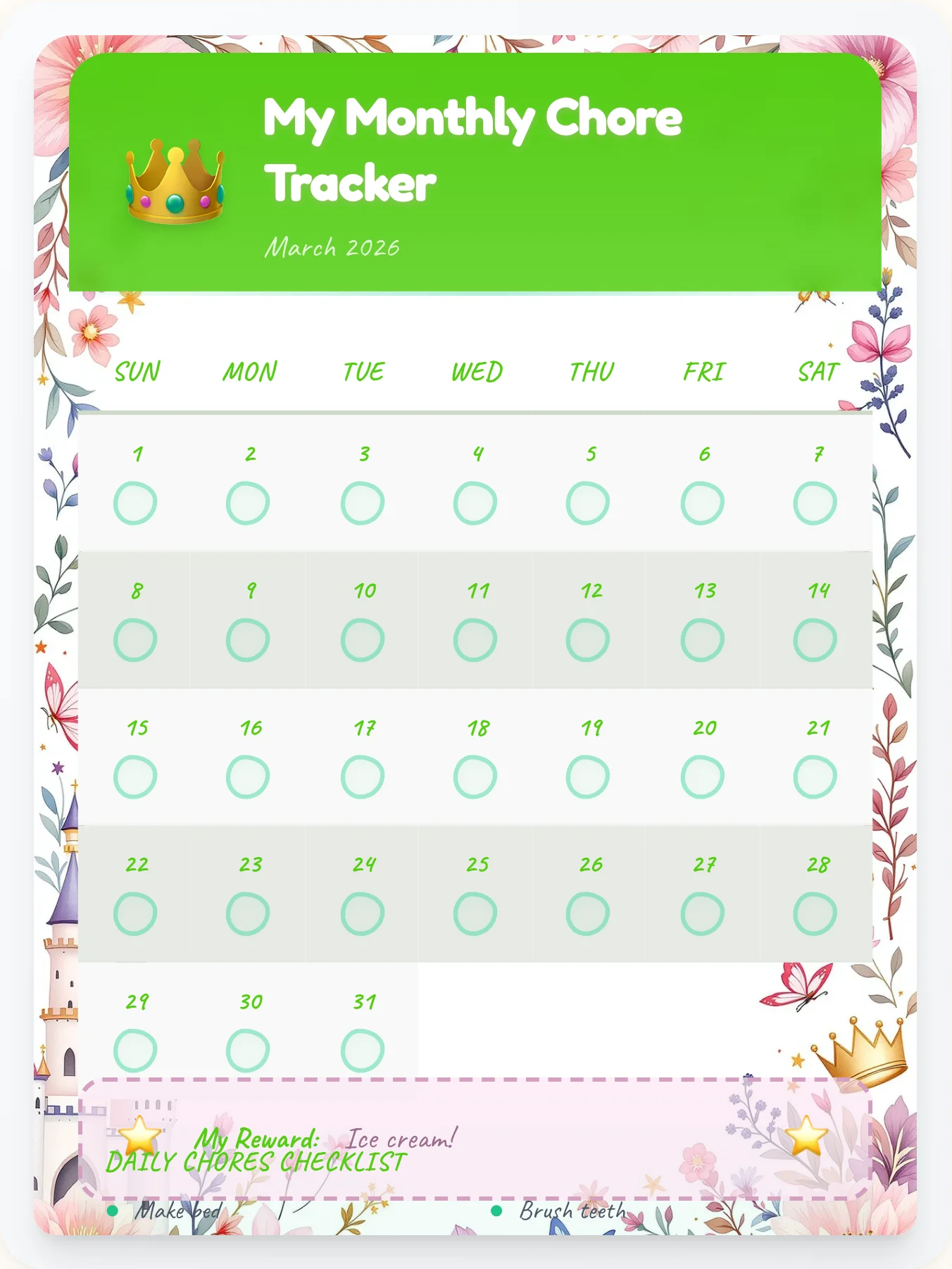 Hazy Princess Calendar Chart - printable princess chore chart
