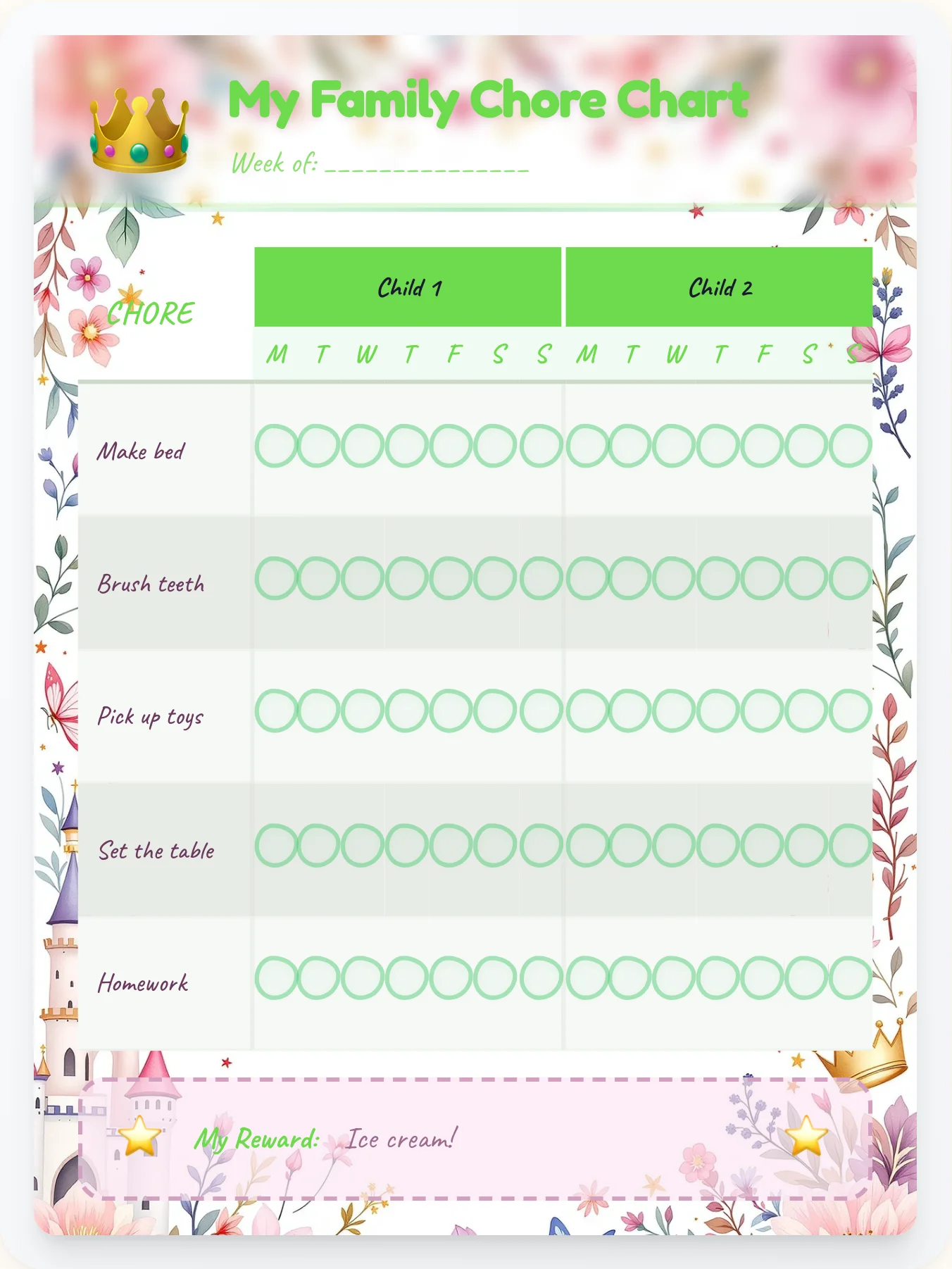Sunny Princess Team Chart - printable princess chore chart