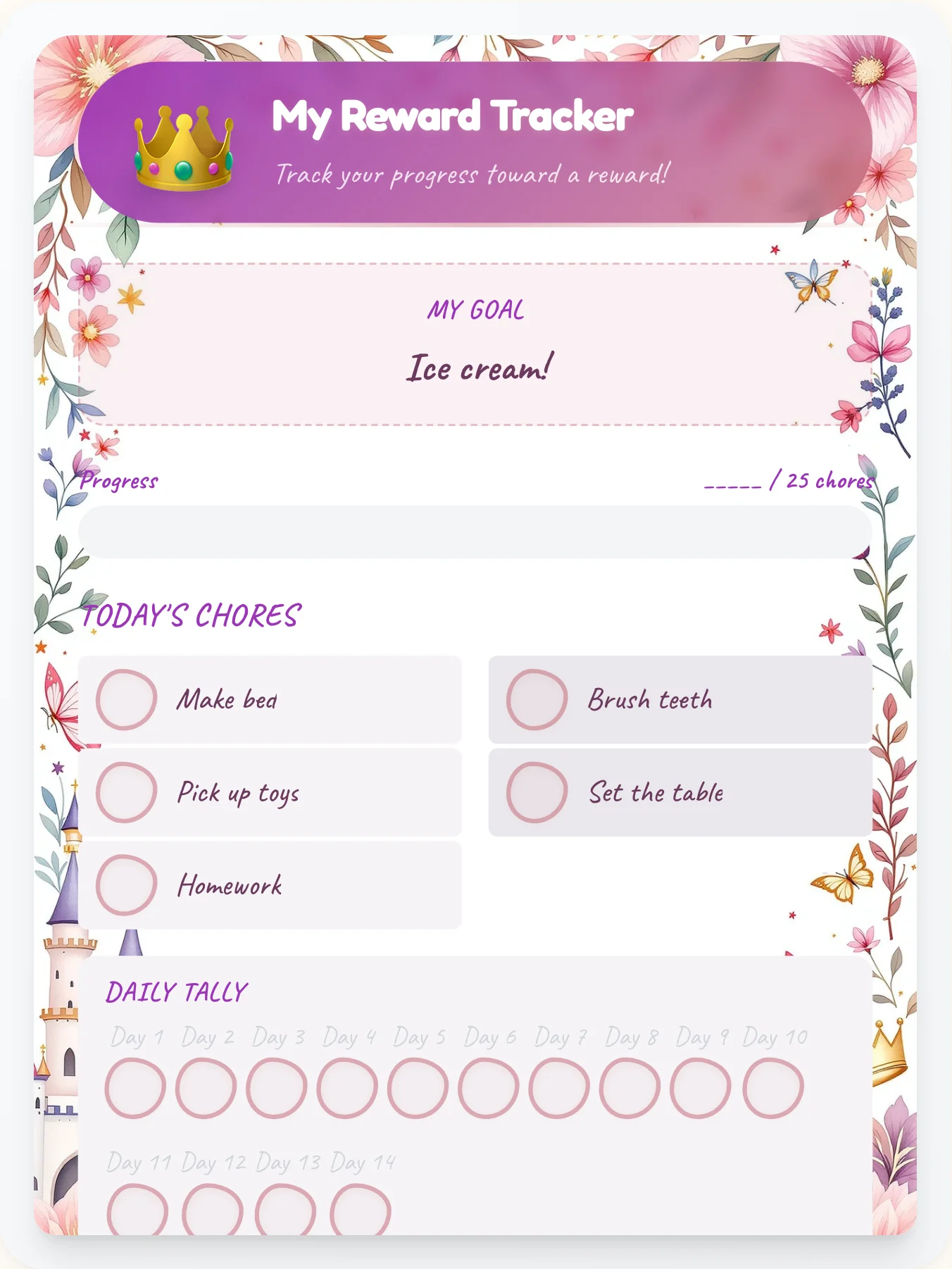 Urban Princess Reward Board - printable princess chore chart