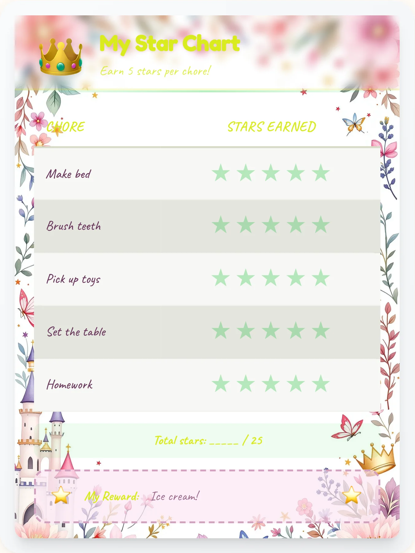 Misty Princess Star Tracker - printable princess chore chart