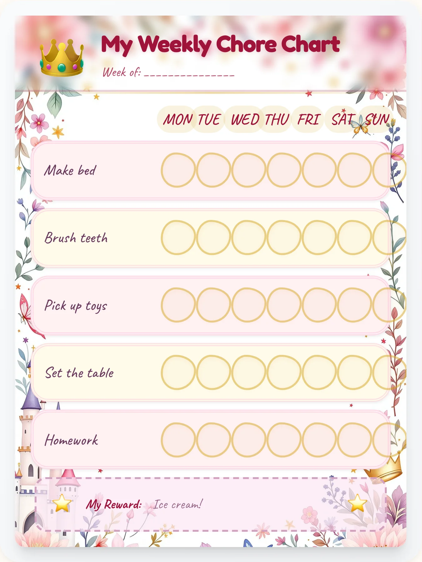 Princess Watercolor Chore Chart - printable princess chore chart