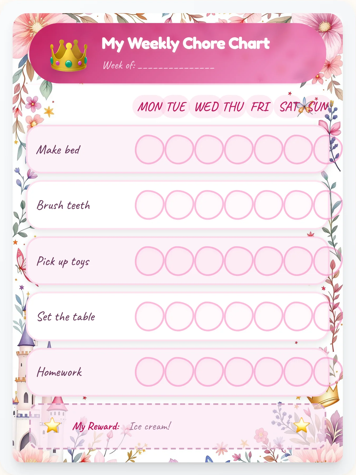 Princess Chore Chart - printable princess chore chart