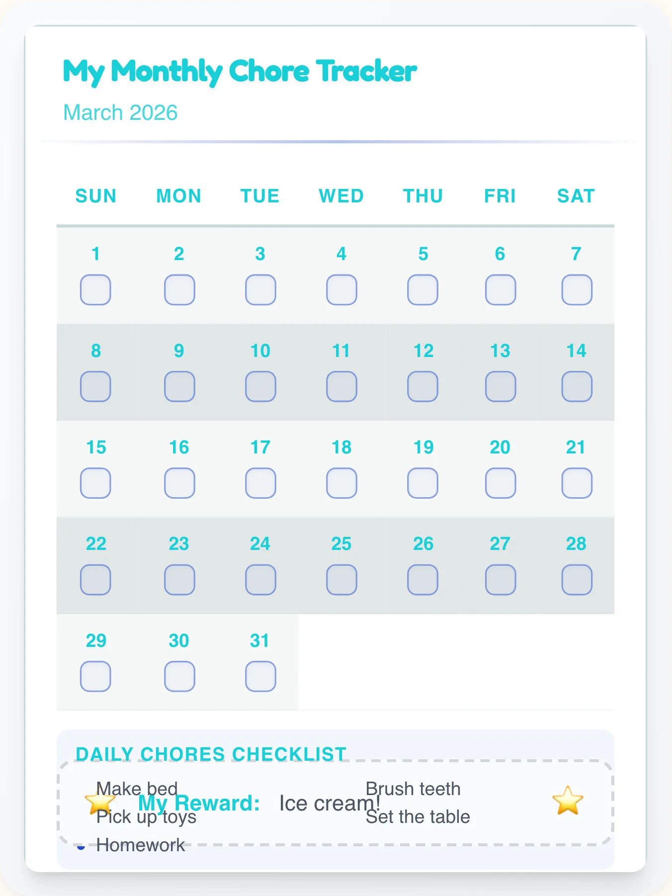 Gentle Professional Monthly Grid - printable professional chore chart
