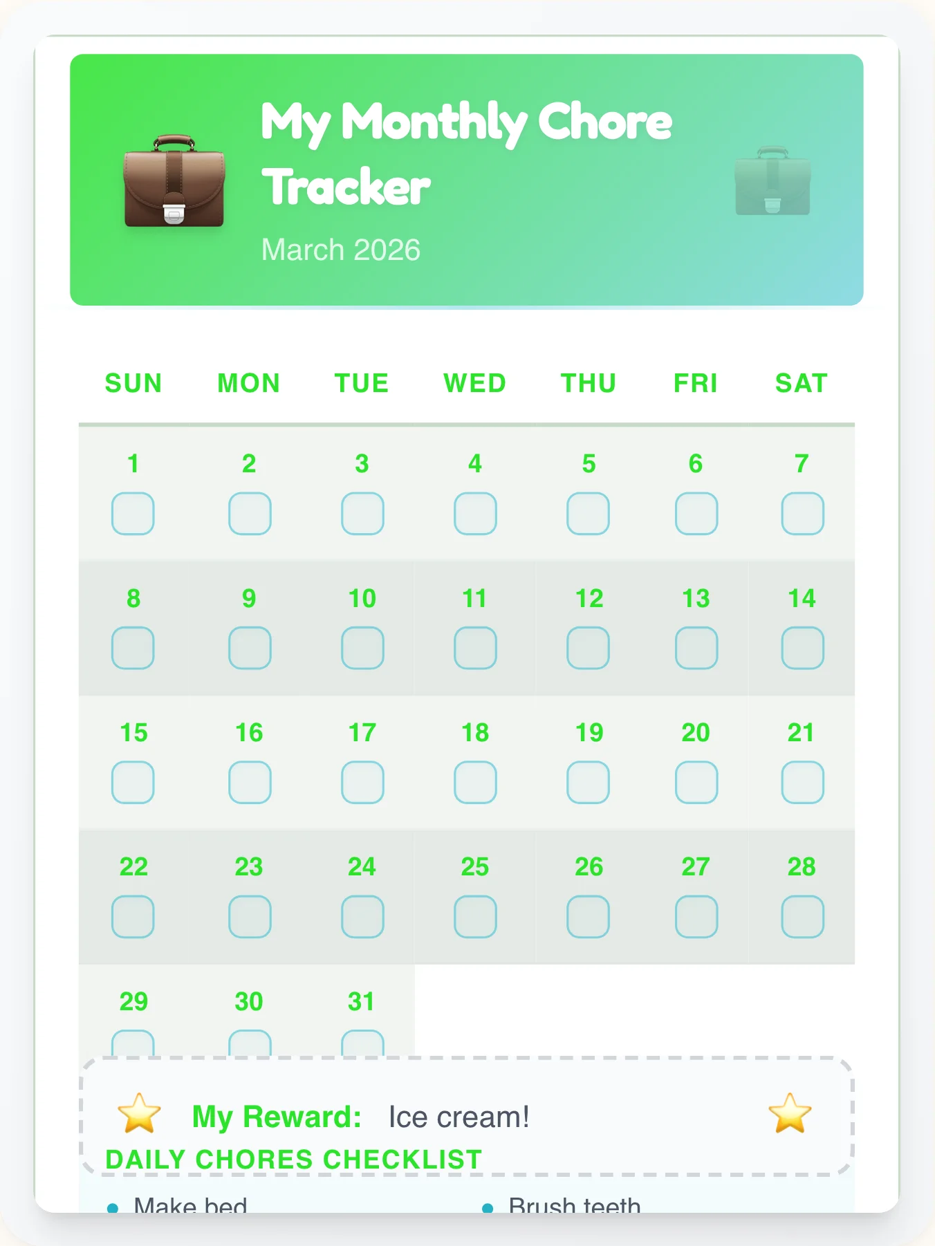 Vivid Professional Monthly Grid - printable professional chore chart