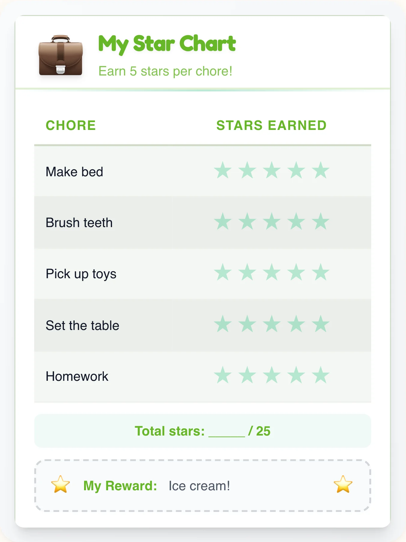 Quiet Professional Star Board - printable professional chore chart