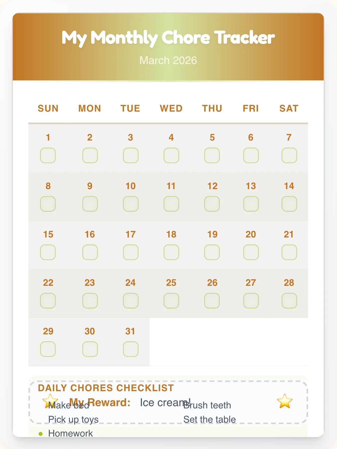 Fresh Professional Monthly Grid - printable professional chore chart