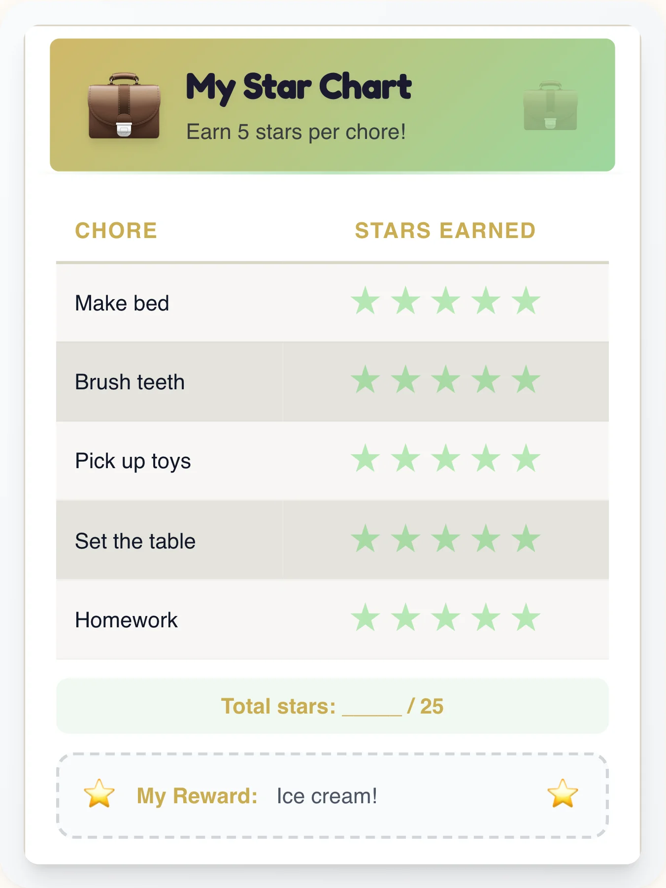 Happy Professional Star Chart - printable professional chore chart