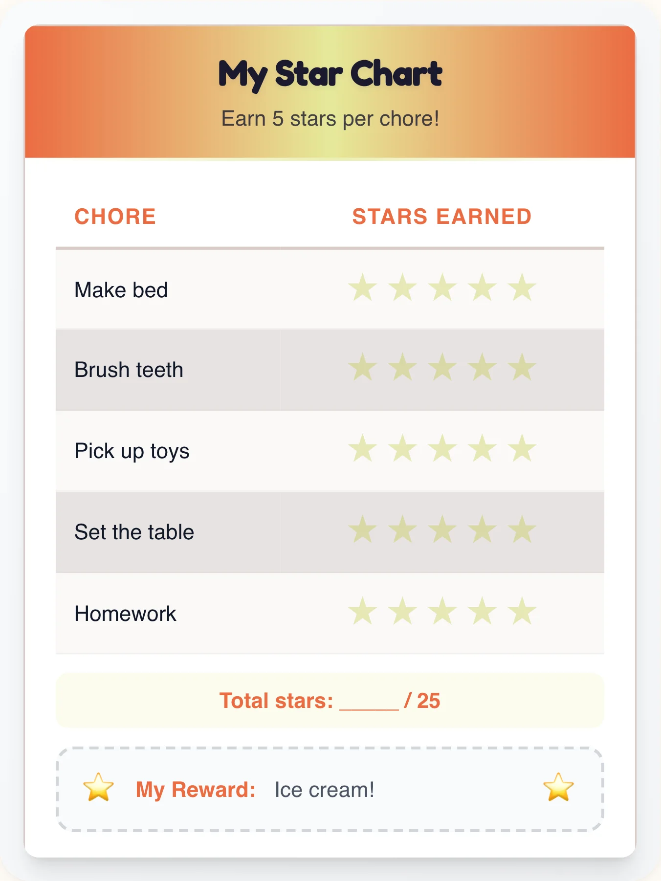Cozy Professional Star Tracker - printable professional chore chart