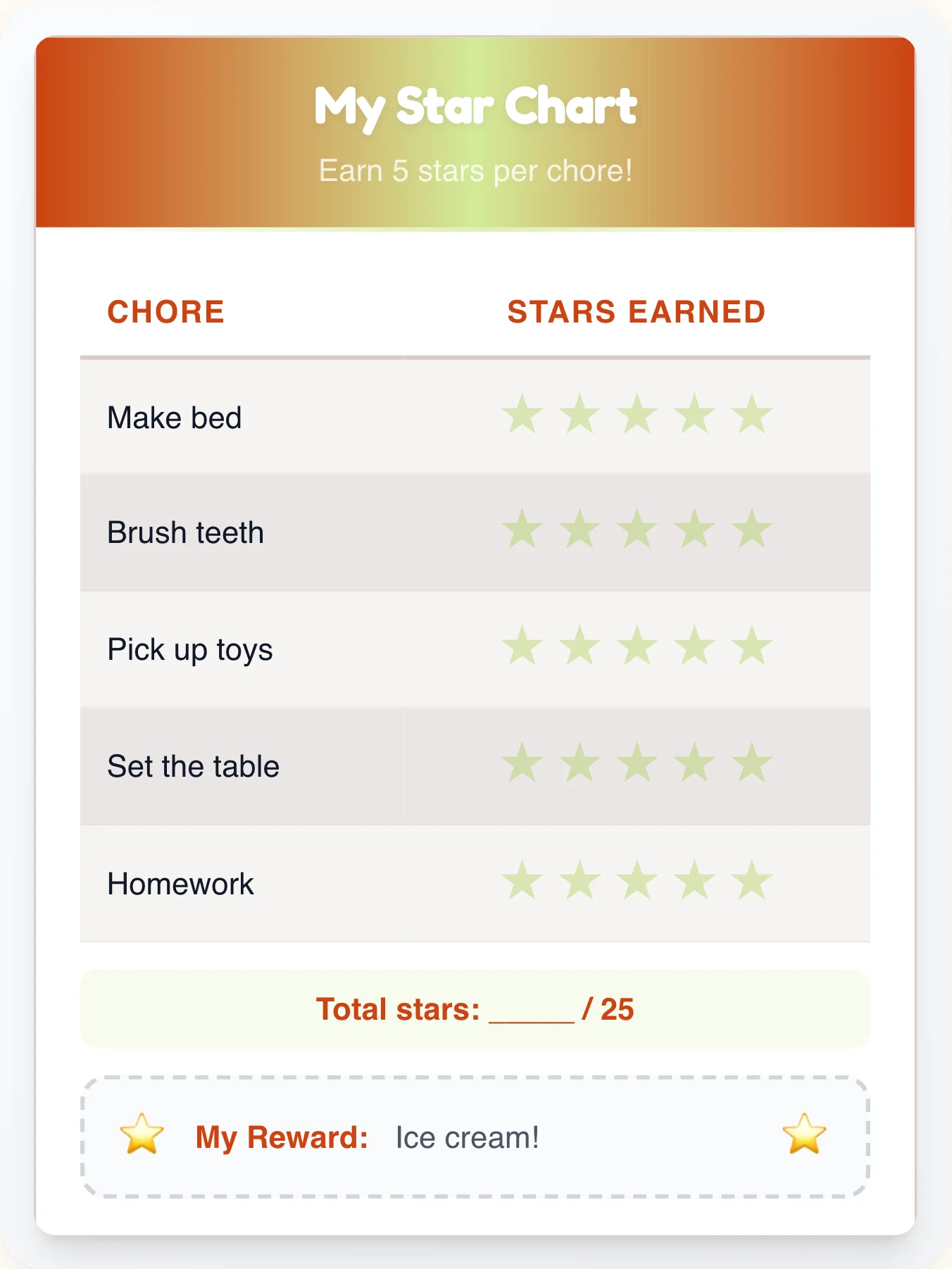 Dreamy Professional Star Board - printable professional chore chart