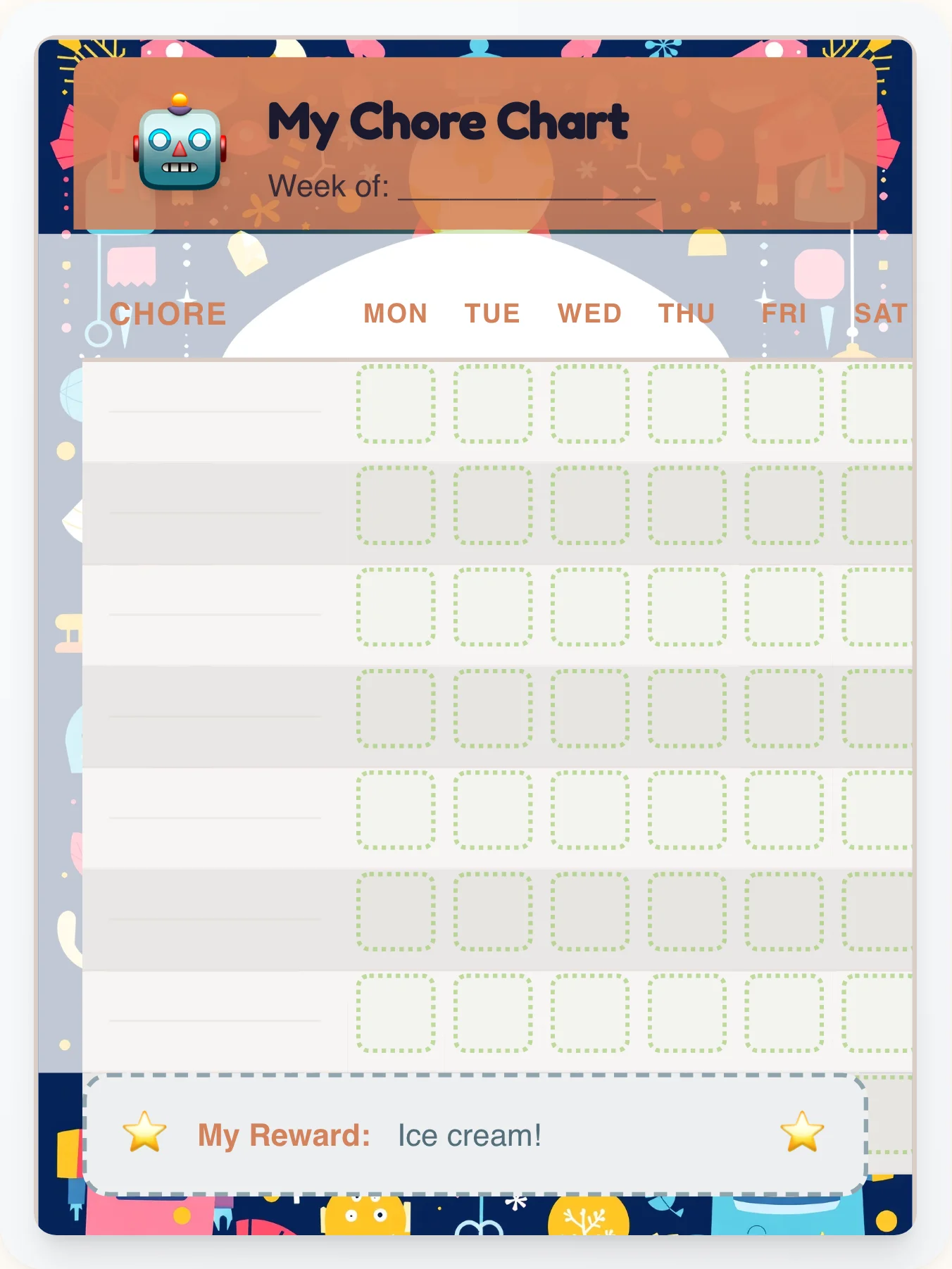 Dreamy Robot Custom Chart - printable robot chore chart