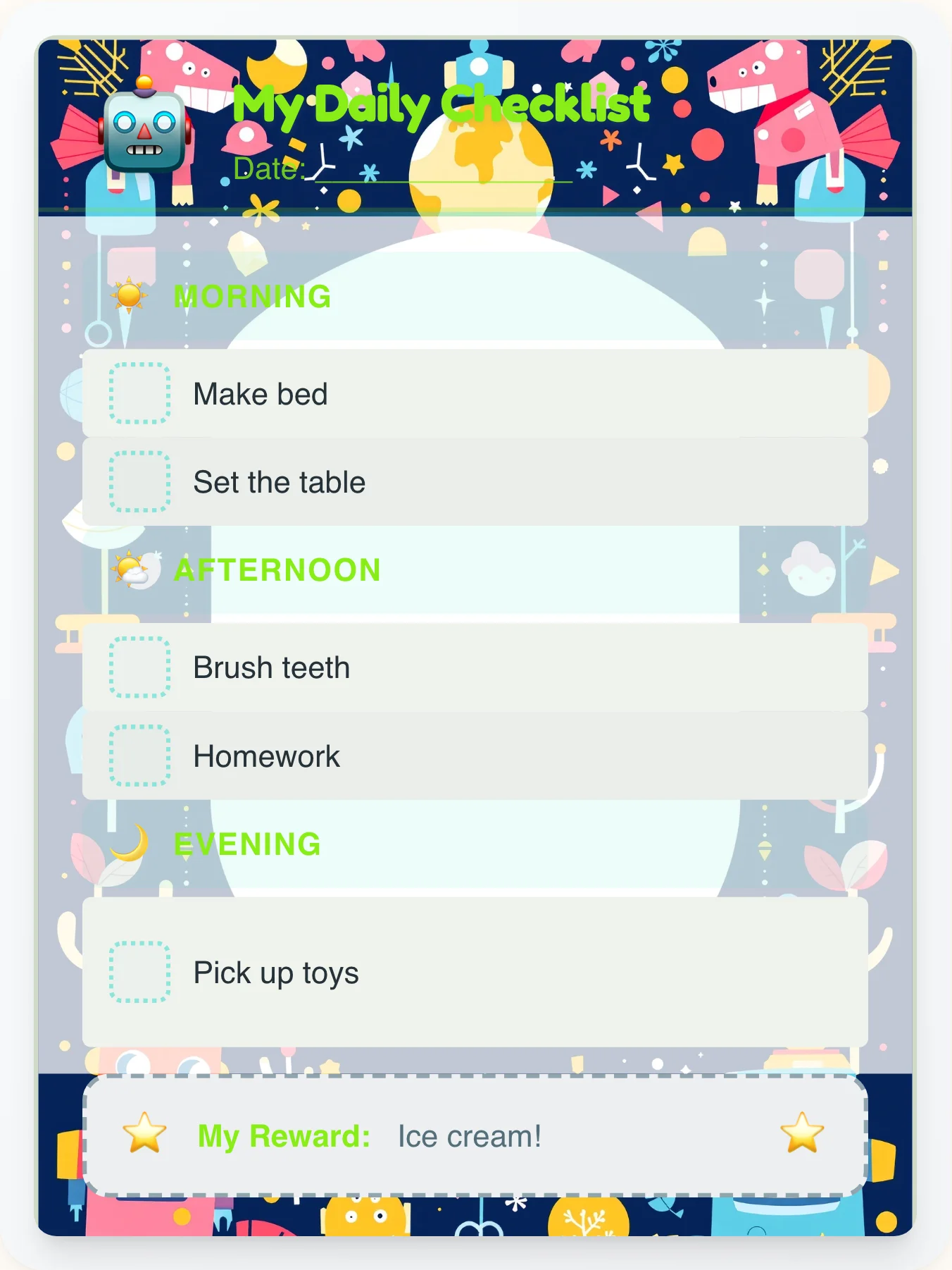Quiet Robot Daily Log - printable robot chore chart
