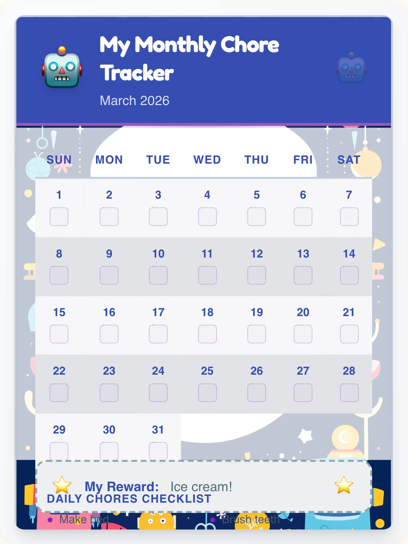 Mellow Robot Monthly Planner - printable robot chore chart