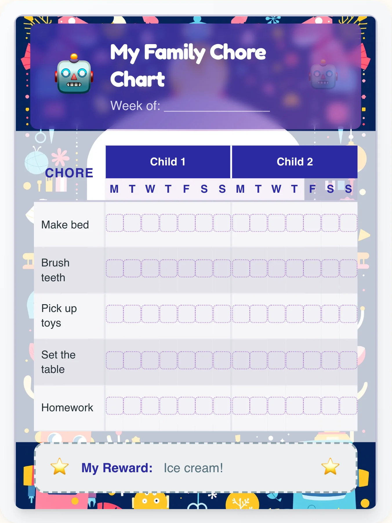 Organic Robot Sibling Board - printable robot chore chart