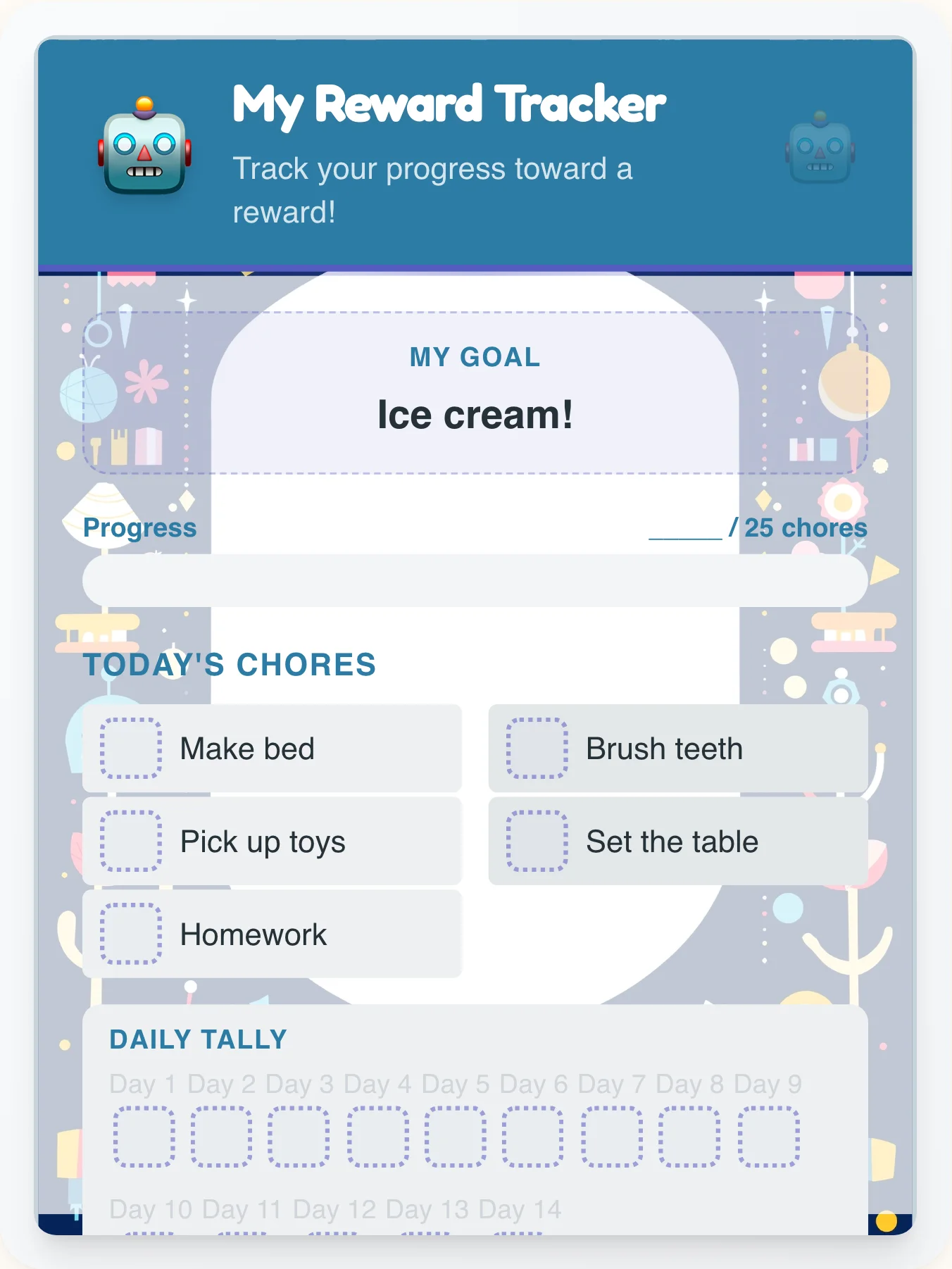 Joyful Robot Prize Chart - printable robot chore chart