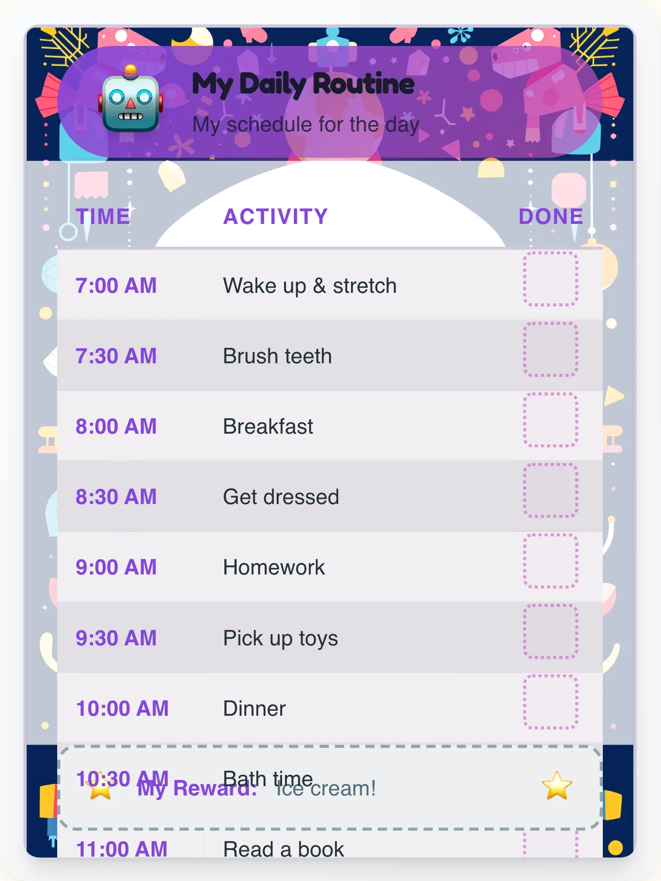 Serene Robot Time Planner - printable robot chore chart
