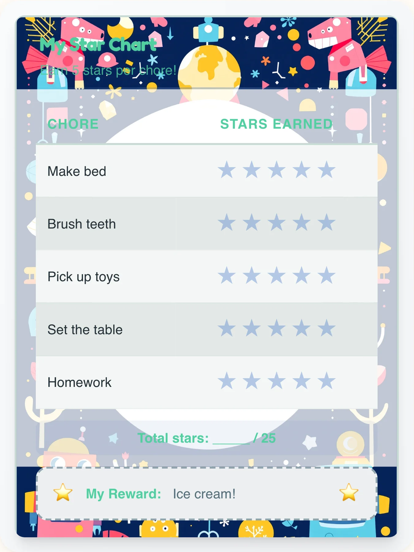 Dainty Robot Star Tracker - printable robot chore chart
