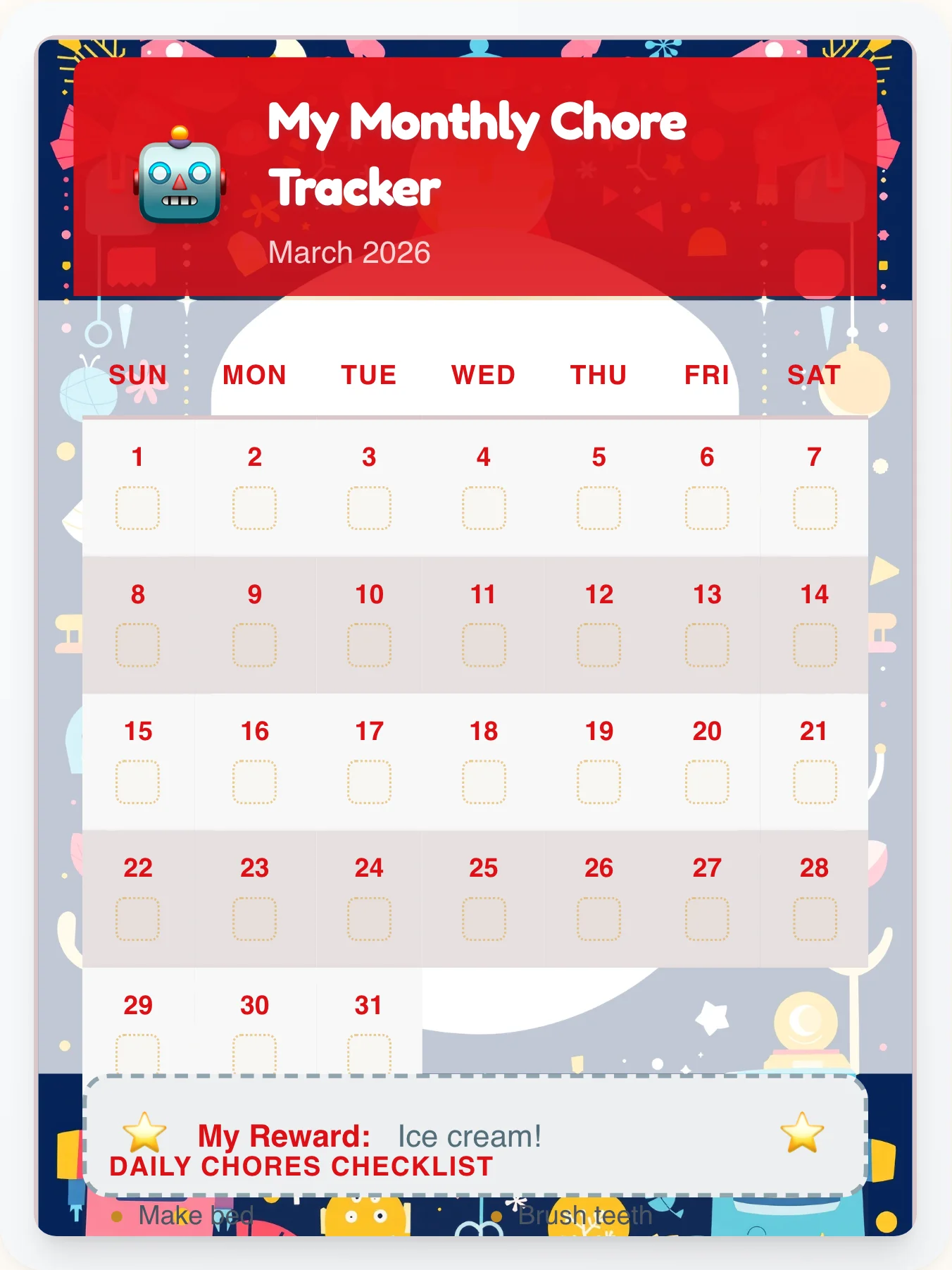 Glossy Robot Month View - printable robot chore chart