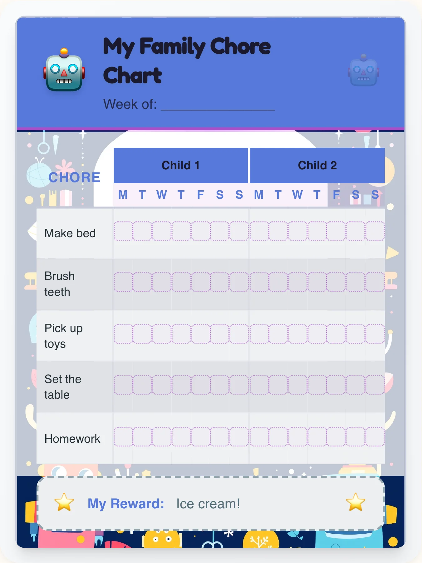 Mellow Robot Multi-Kid Tracker - printable robot chore chart