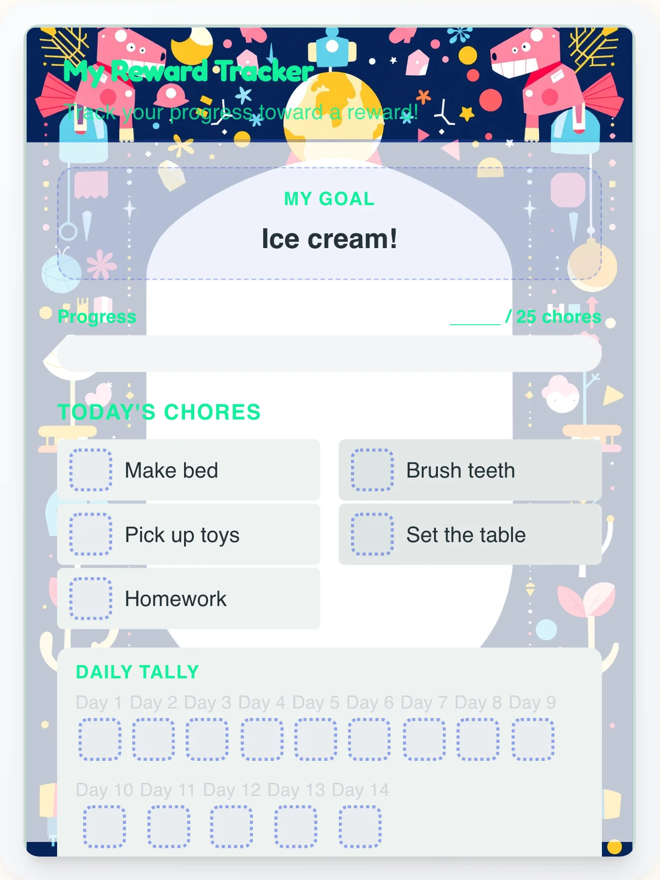 Dainty Robot Reward Board - printable robot chore chart