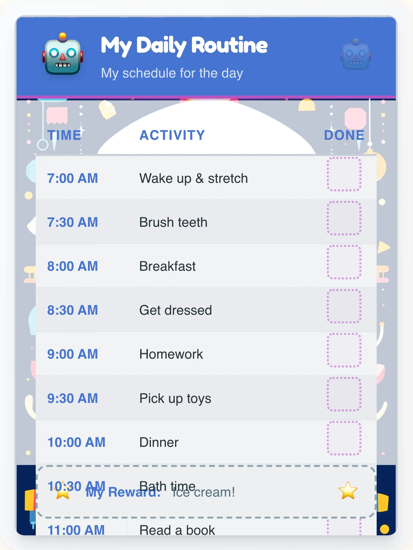 Luminous Robot Daily Routine - printable robot chore chart