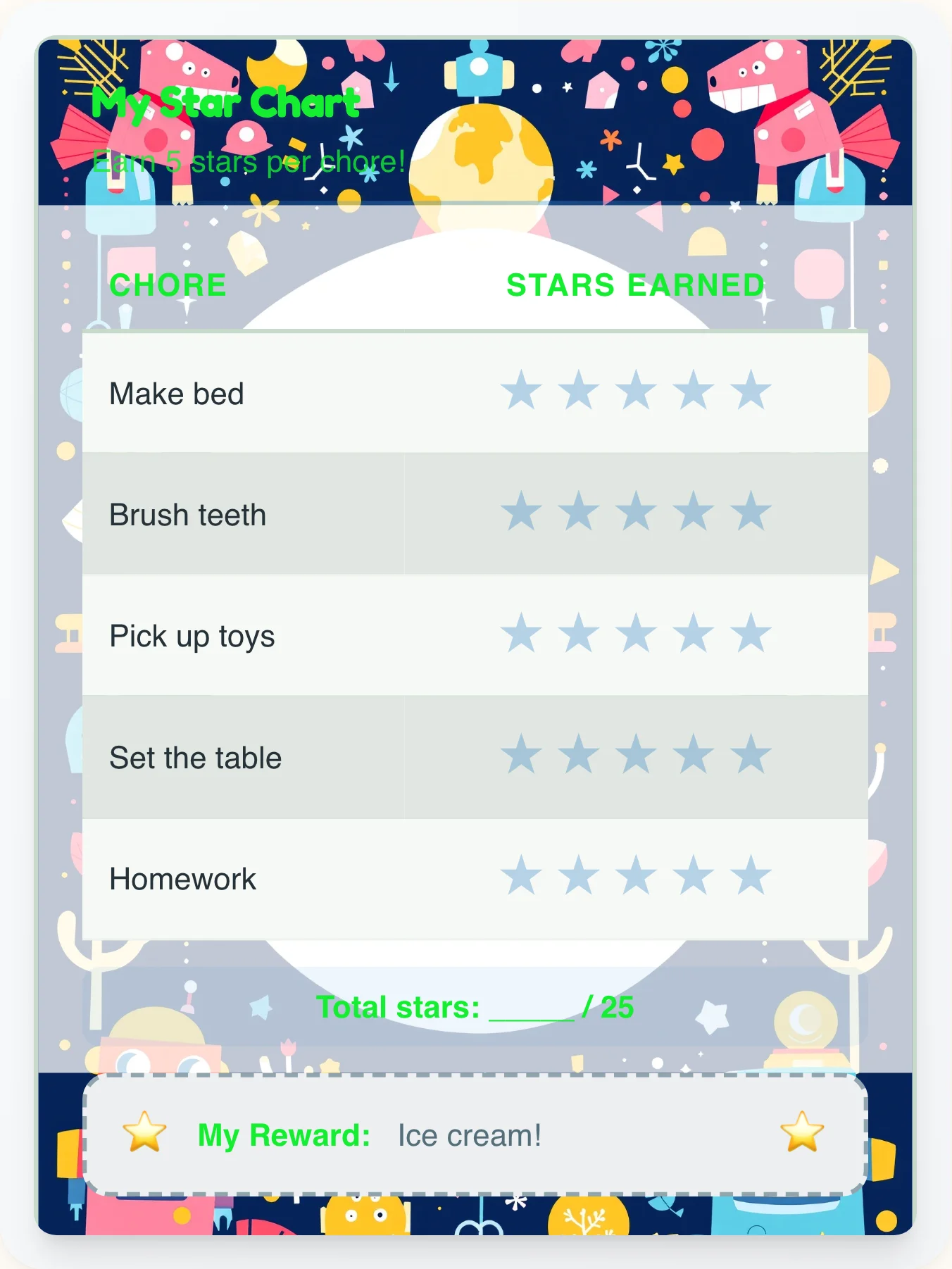 Warm Robot Star Tracker - printable robot chore chart