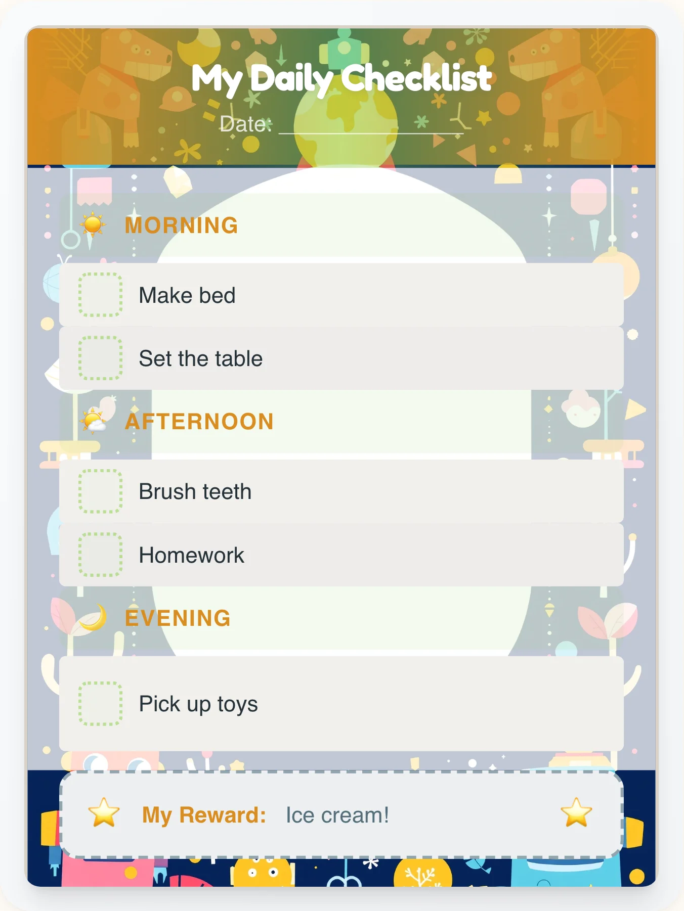 Golden Robot Daily Log - printable robot chore chart