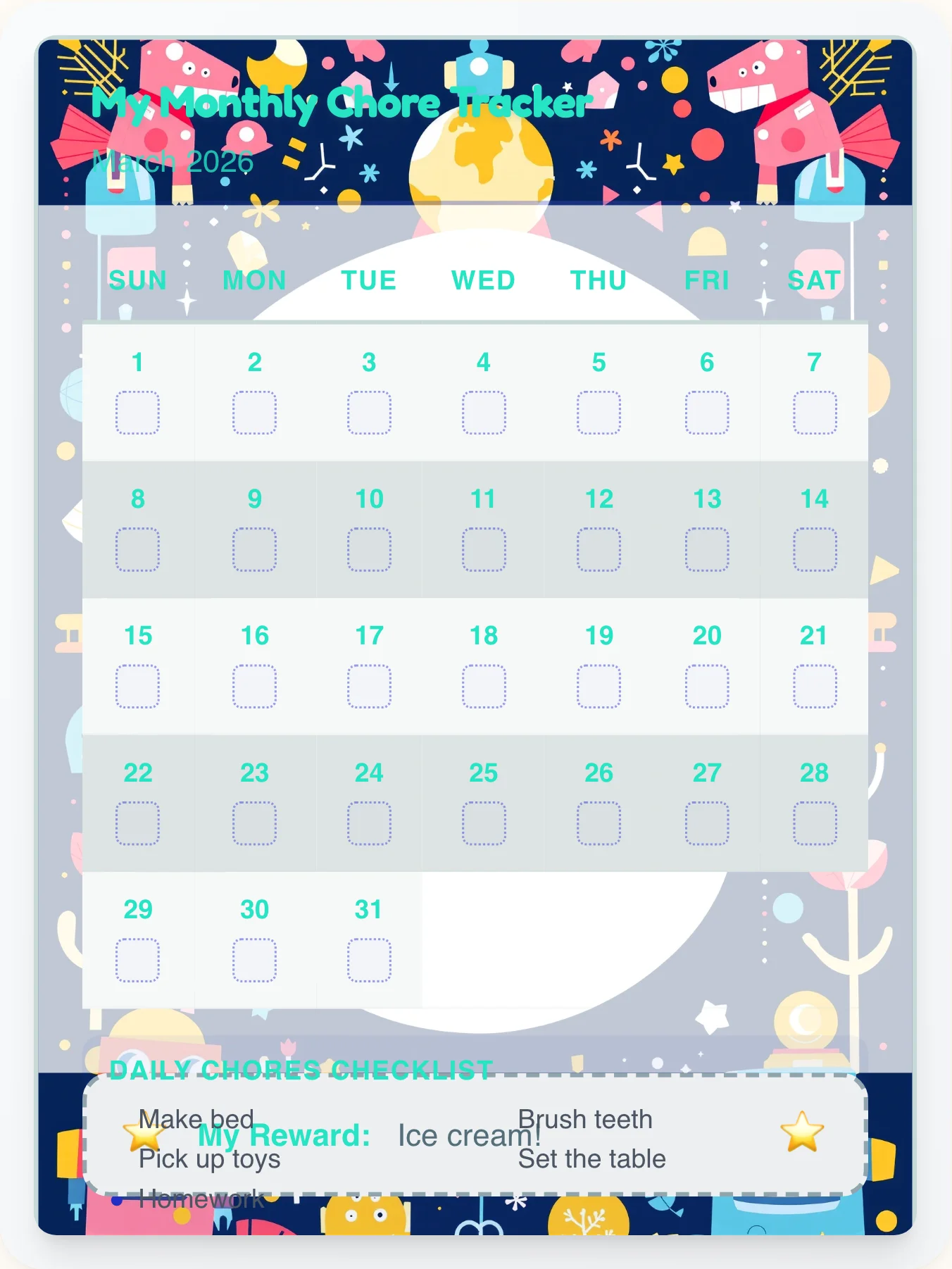 Funky Robot Calendar Chart - printable robot chore chart