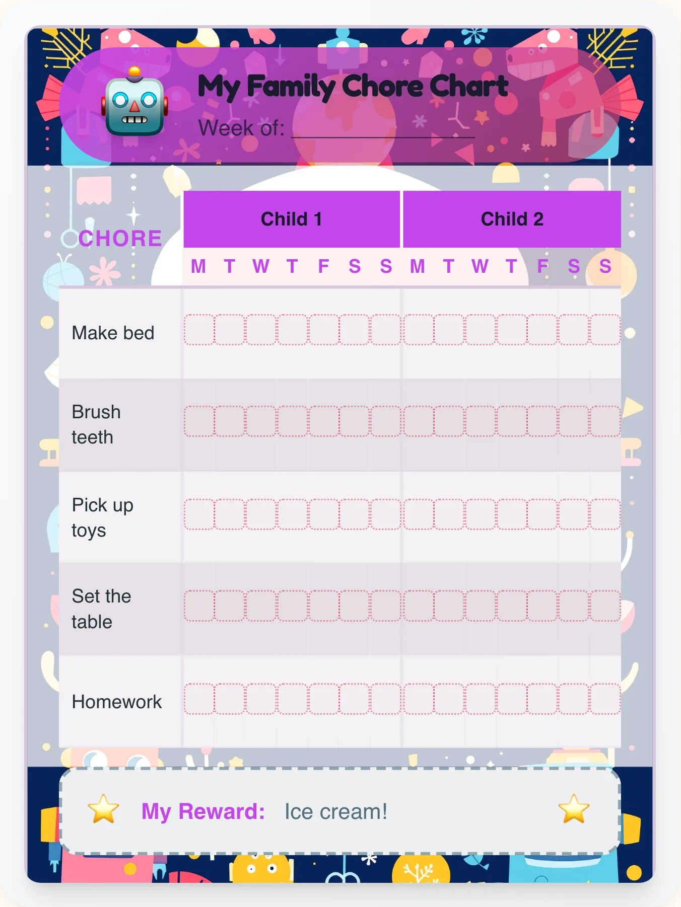 Urban Robot Multi-Kid Tracker - printable robot chore chart