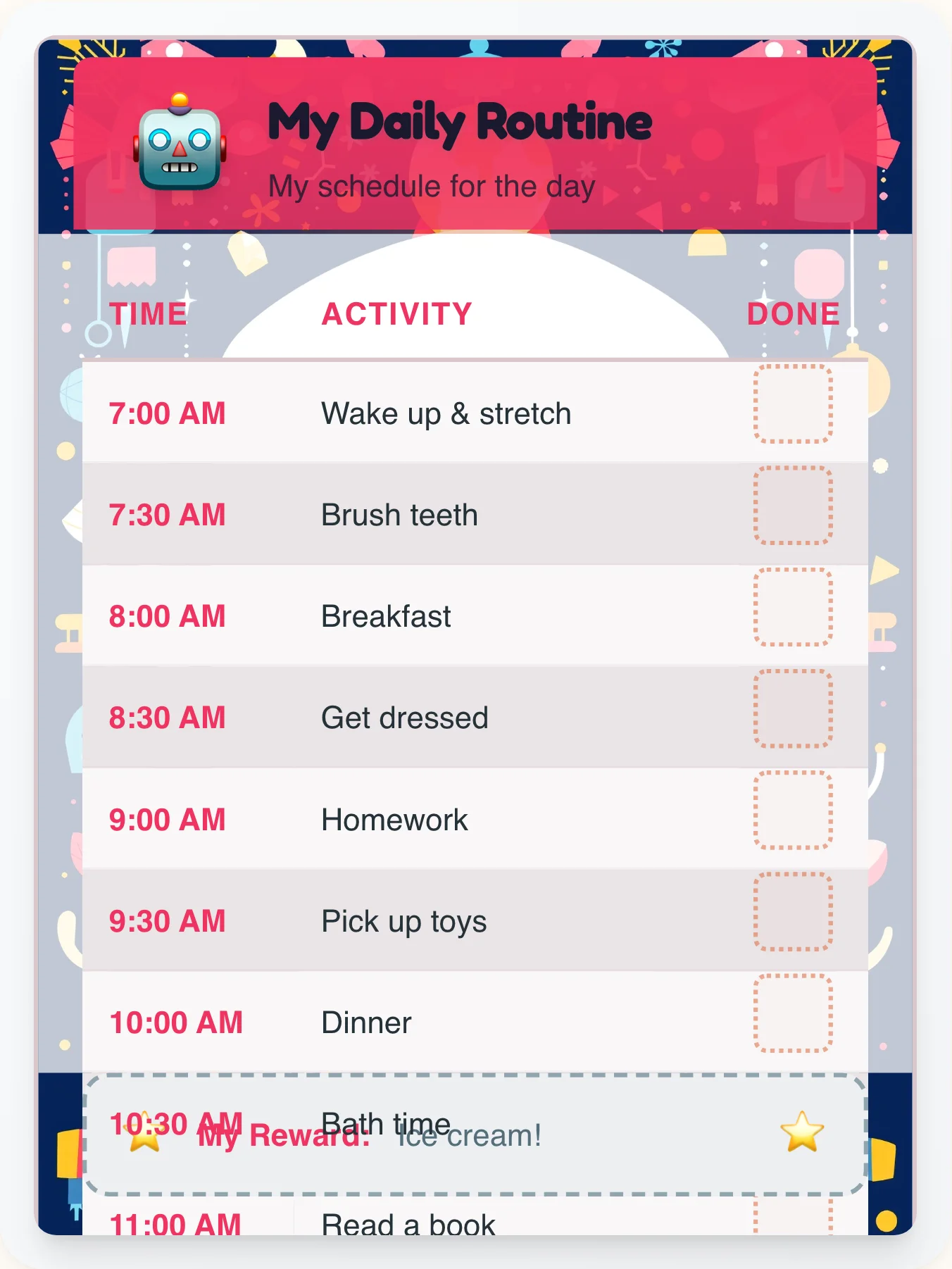 Frosty Robot Time Planner — Free Printable Routine Schedule Template - printable robot chore chart