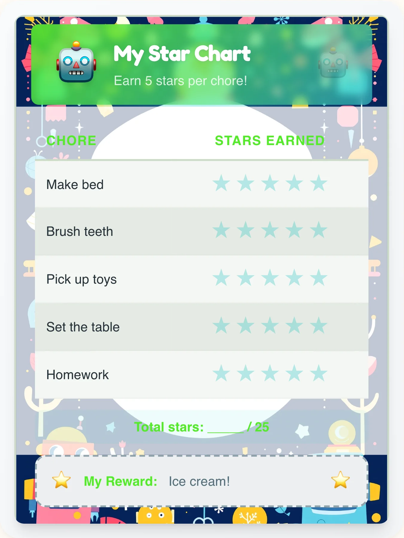 Sunny Robot Gold Stars - printable robot chore chart