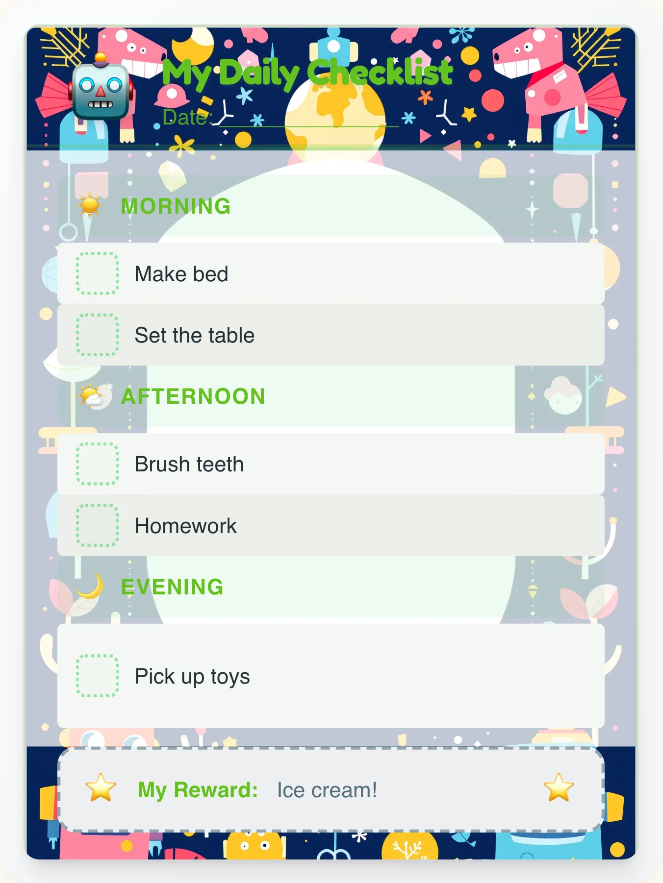 Quiet Robot Daily Log - printable robot chore chart