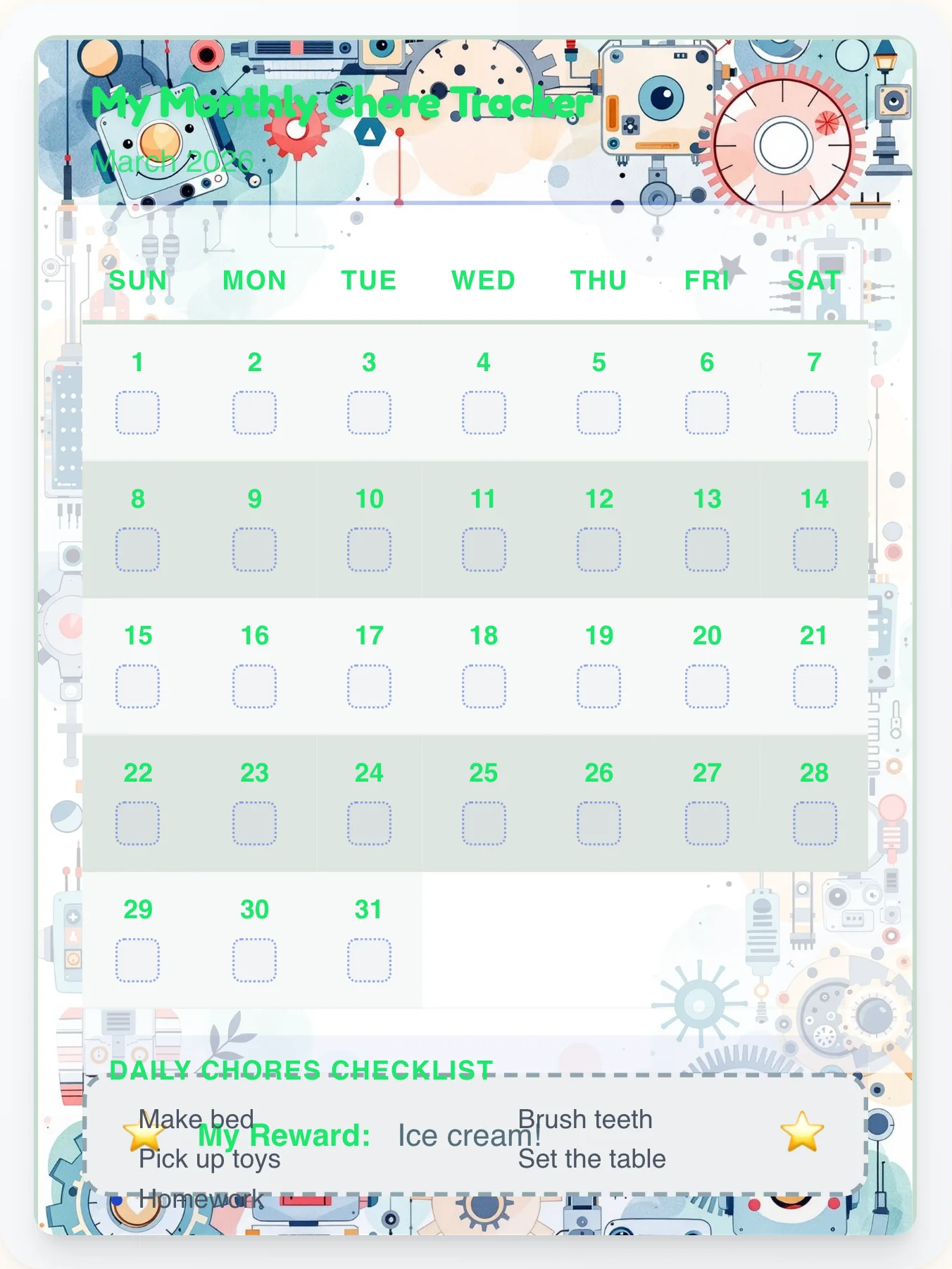 Zen Robot Calendar Board - printable robot chore chart