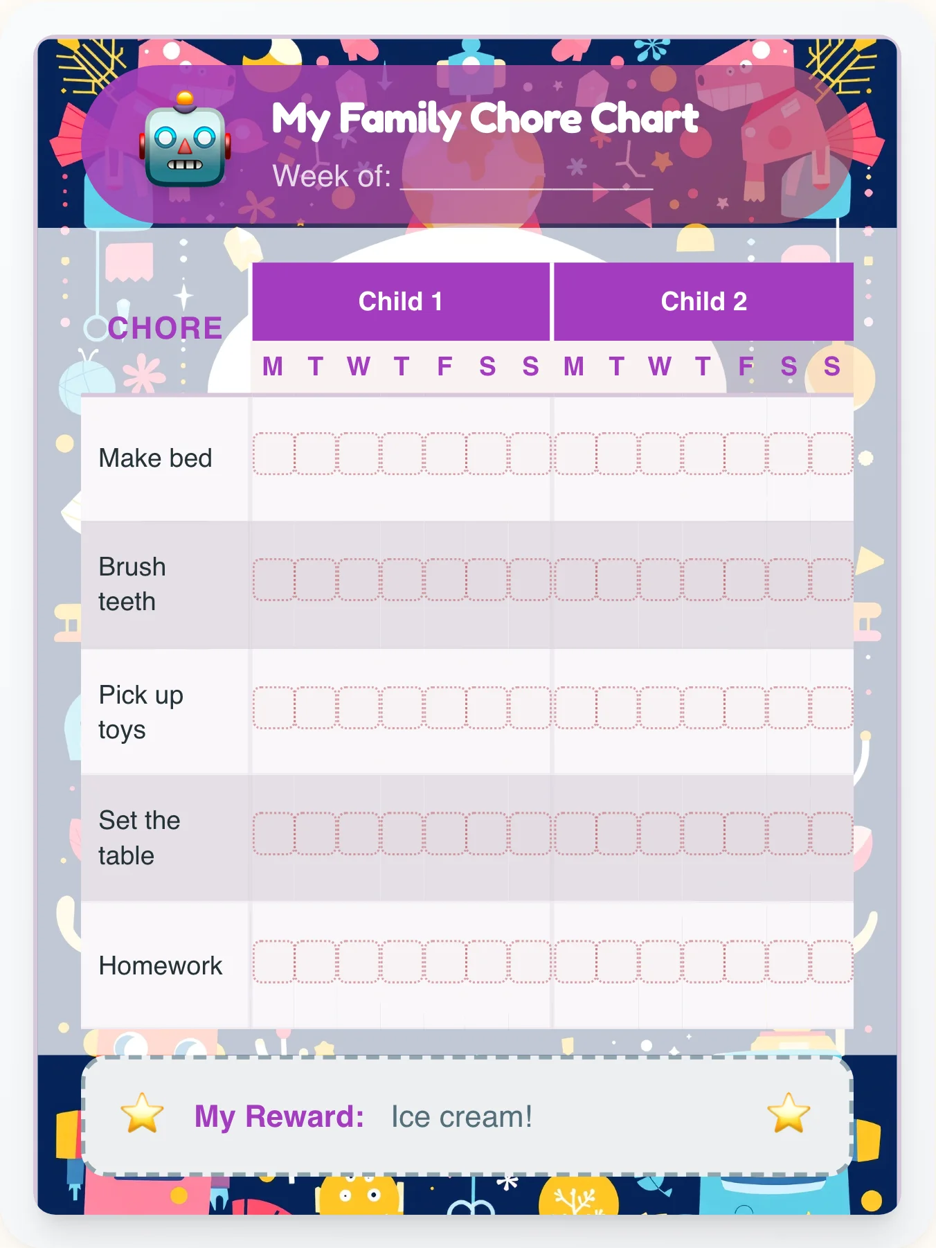 Urban Robot Family Chart - printable robot chore chart