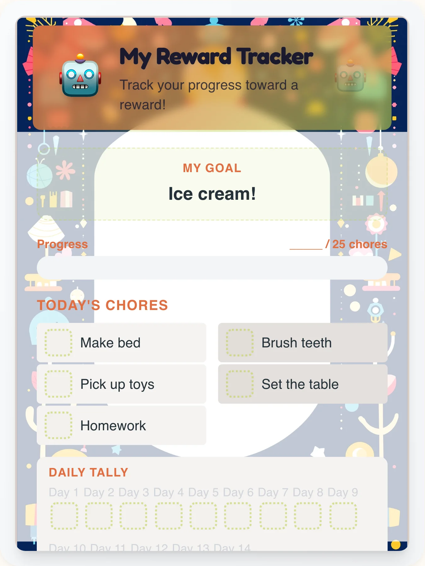 Dreamy Robot Achievement Board - printable robot chore chart