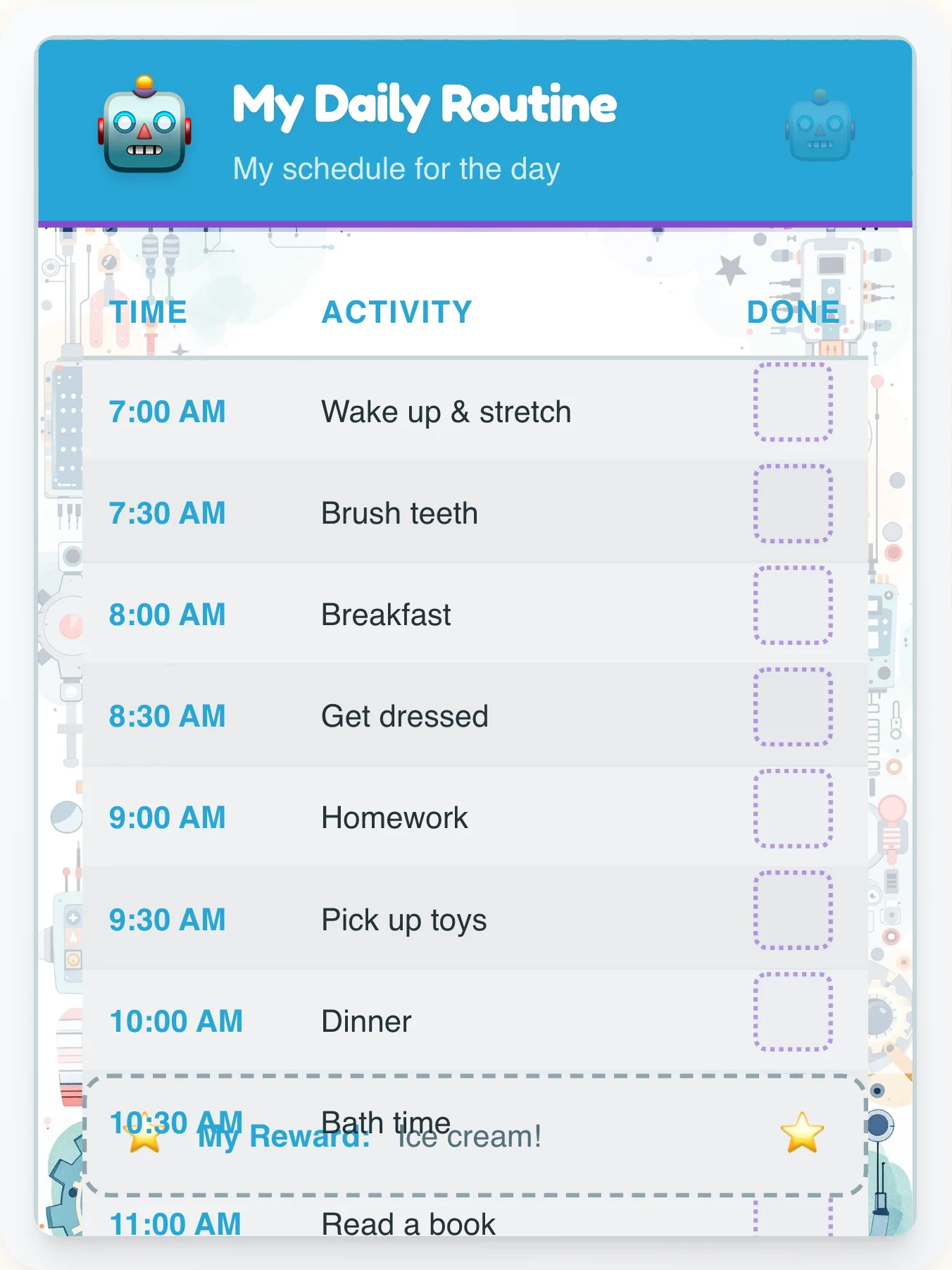 Inspiring Robot Time Planner - printable robot chore chart