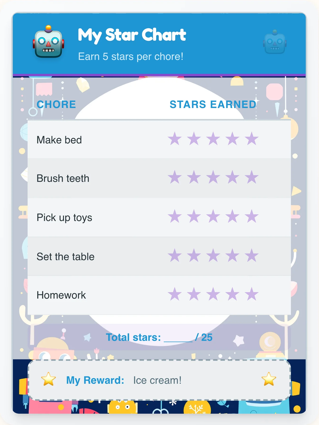 Joyful Robot Star Rewards - printable robot chore chart