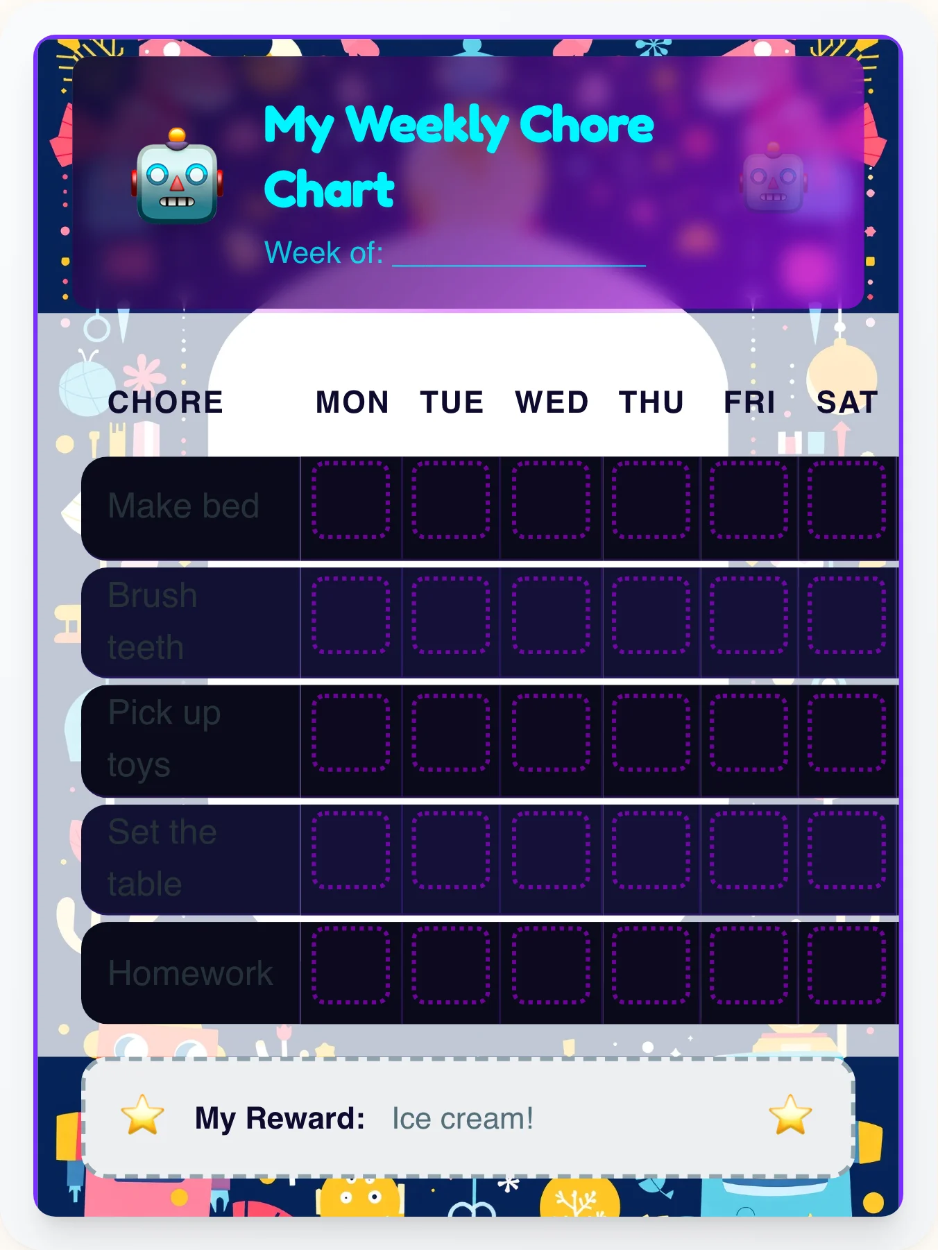 Neon Circuit Command Chore Chart - printable robot chore chart