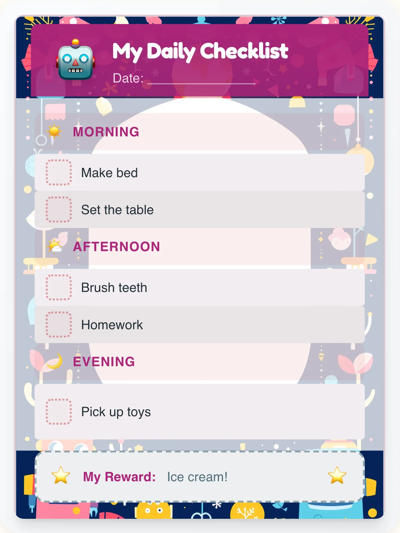 Calm Robot Day Tracker - printable robot chore chart