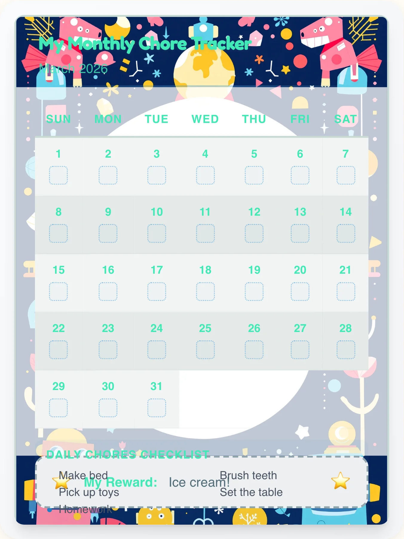 Enchanted Robot Monthly Planner - printable robot chore chart