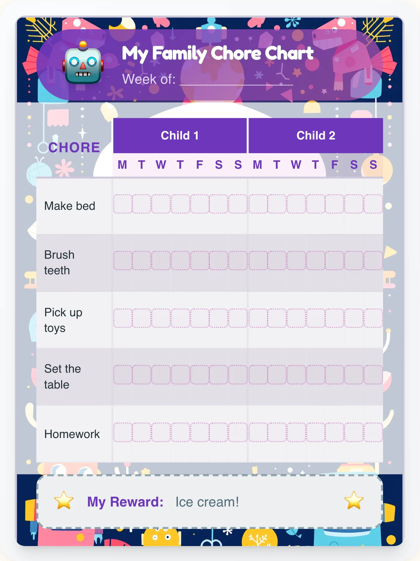 Serene Robot Sibling Board - printable robot chore chart