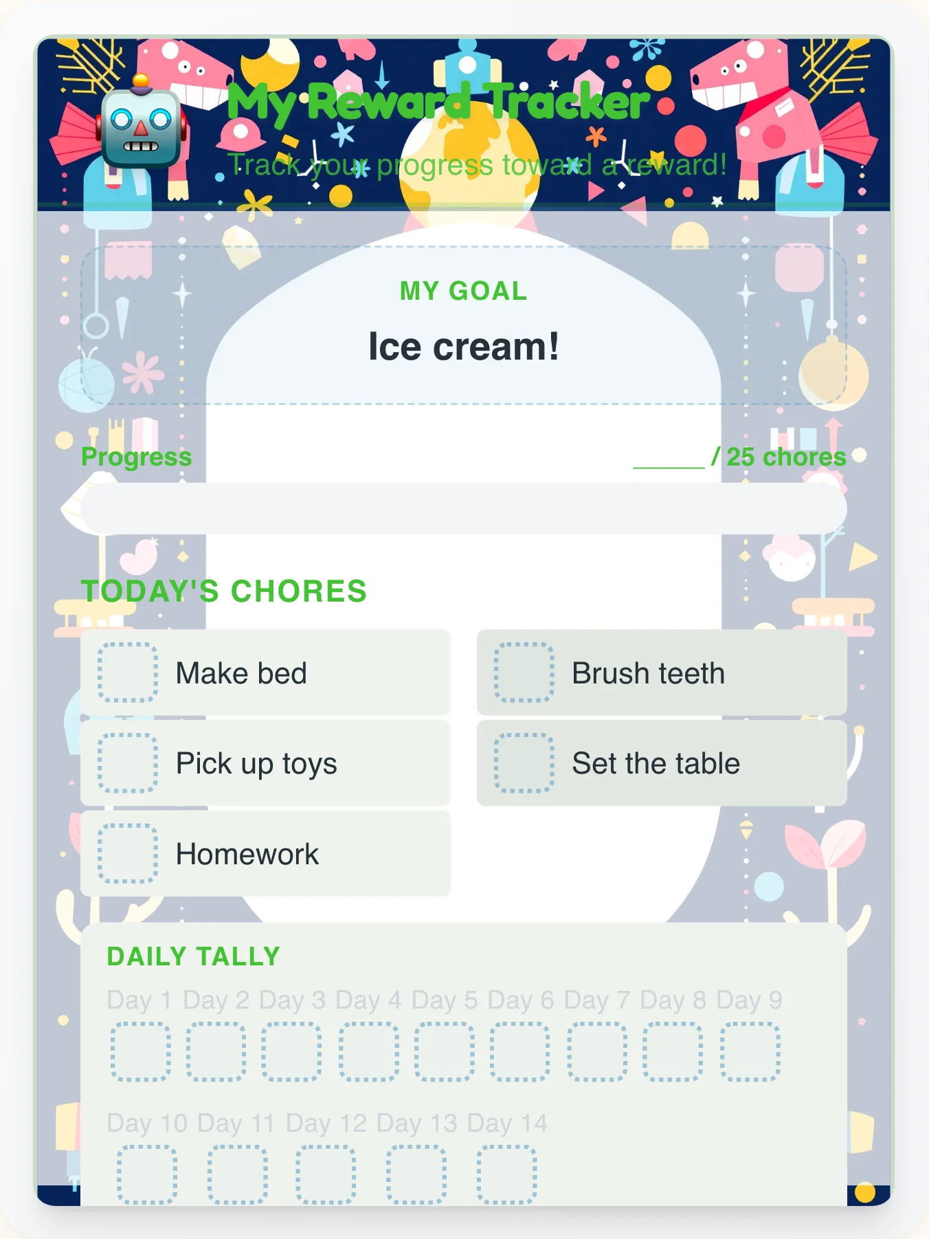 Tender Robot Prize Chart - printable robot chore chart