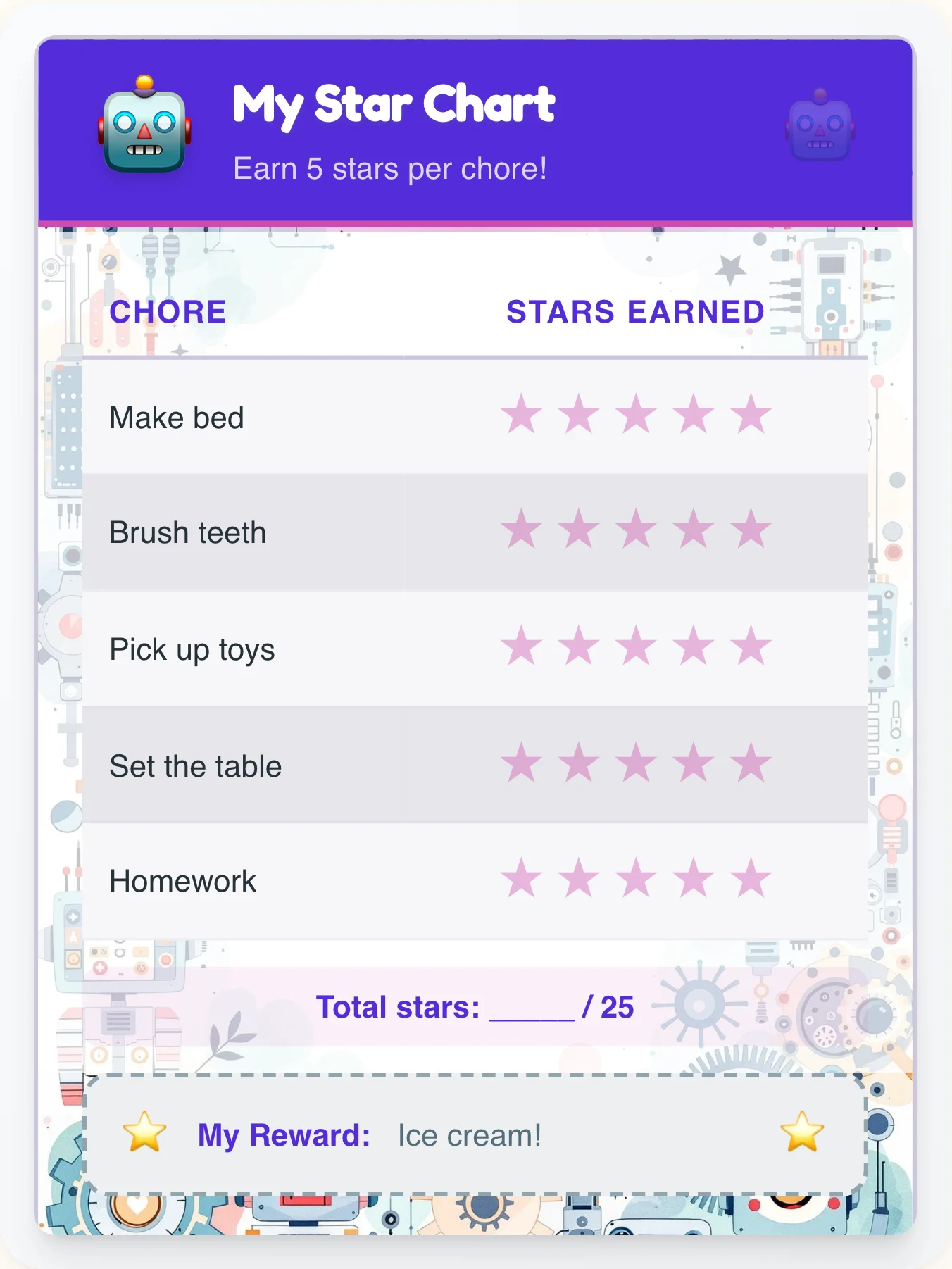 Peaceful Robot Gold Stars - printable robot chore chart