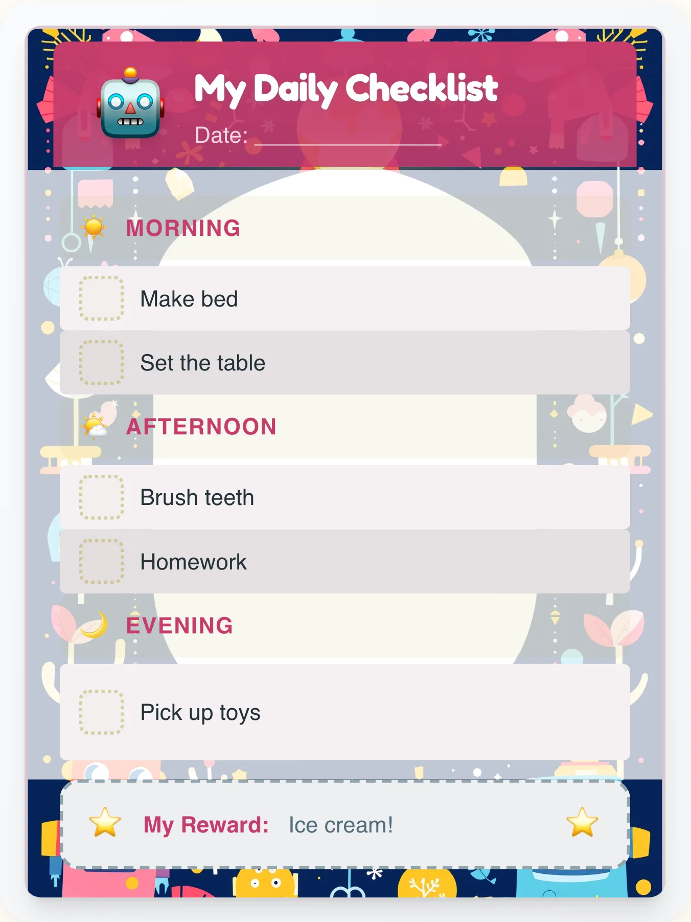 Electric Robot Checklist - printable robot chore chart