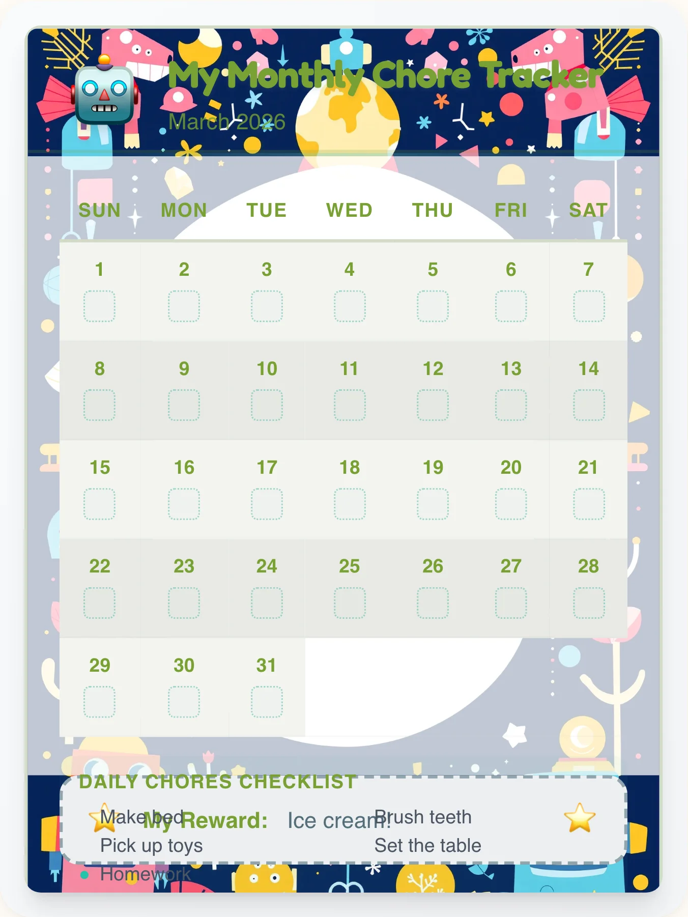 Playful Robot Monthly Planner - printable robot chore chart