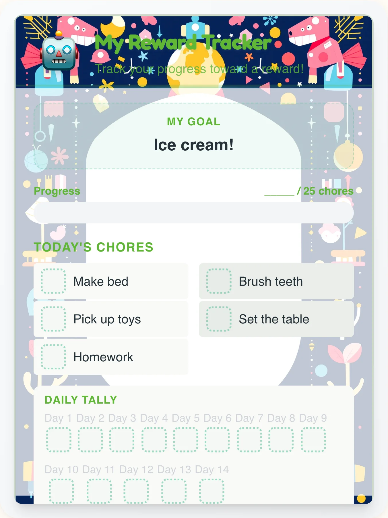 Radiant Robot Reward Board - printable robot chore chart