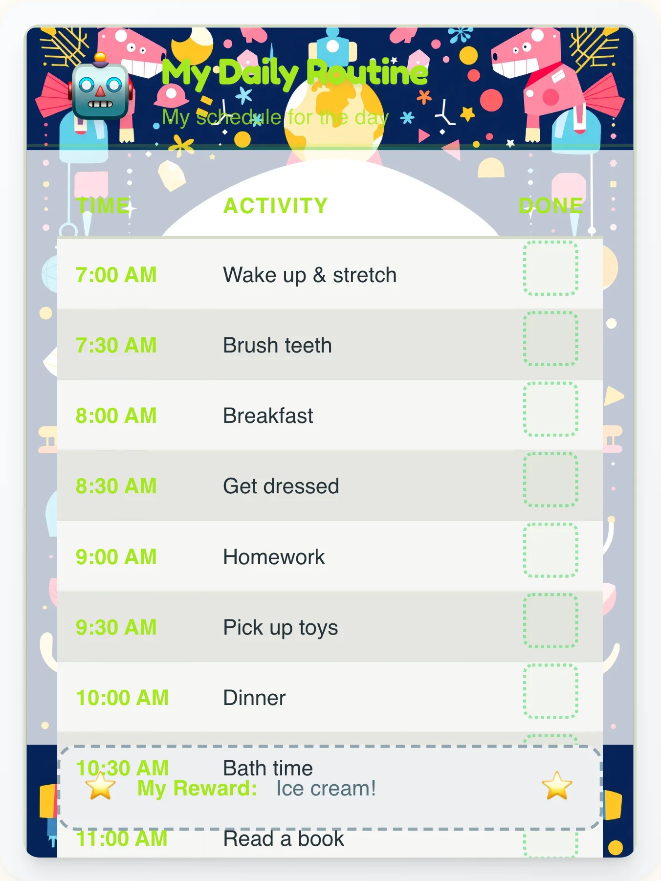 Playful Robot Daily Routine - printable robot chore chart