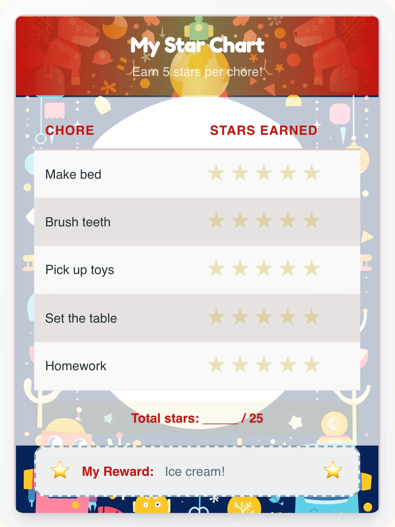 Bright Robot Star Chart - printable robot chore chart