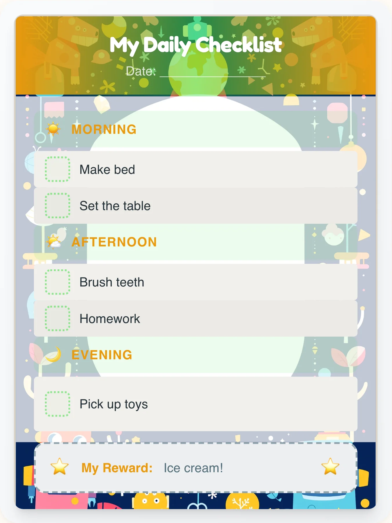 Golden Robot Daily Planner - printable robot chore chart