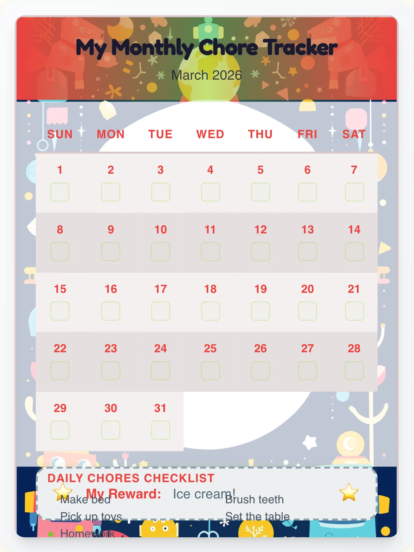 Bright Robot Monthly Planner - printable robot chore chart