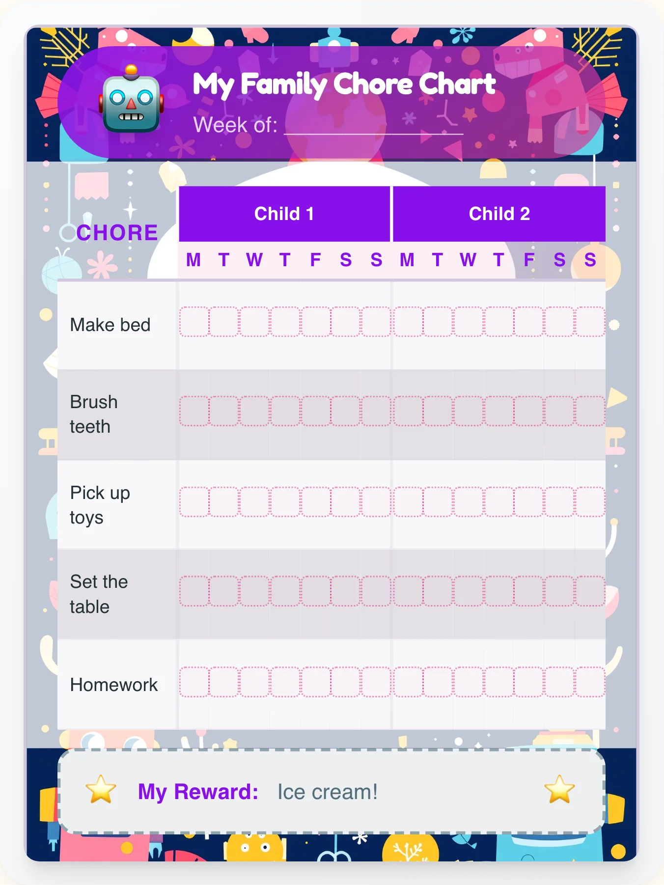 Tranquil Robot Team Chart - printable robot chore chart